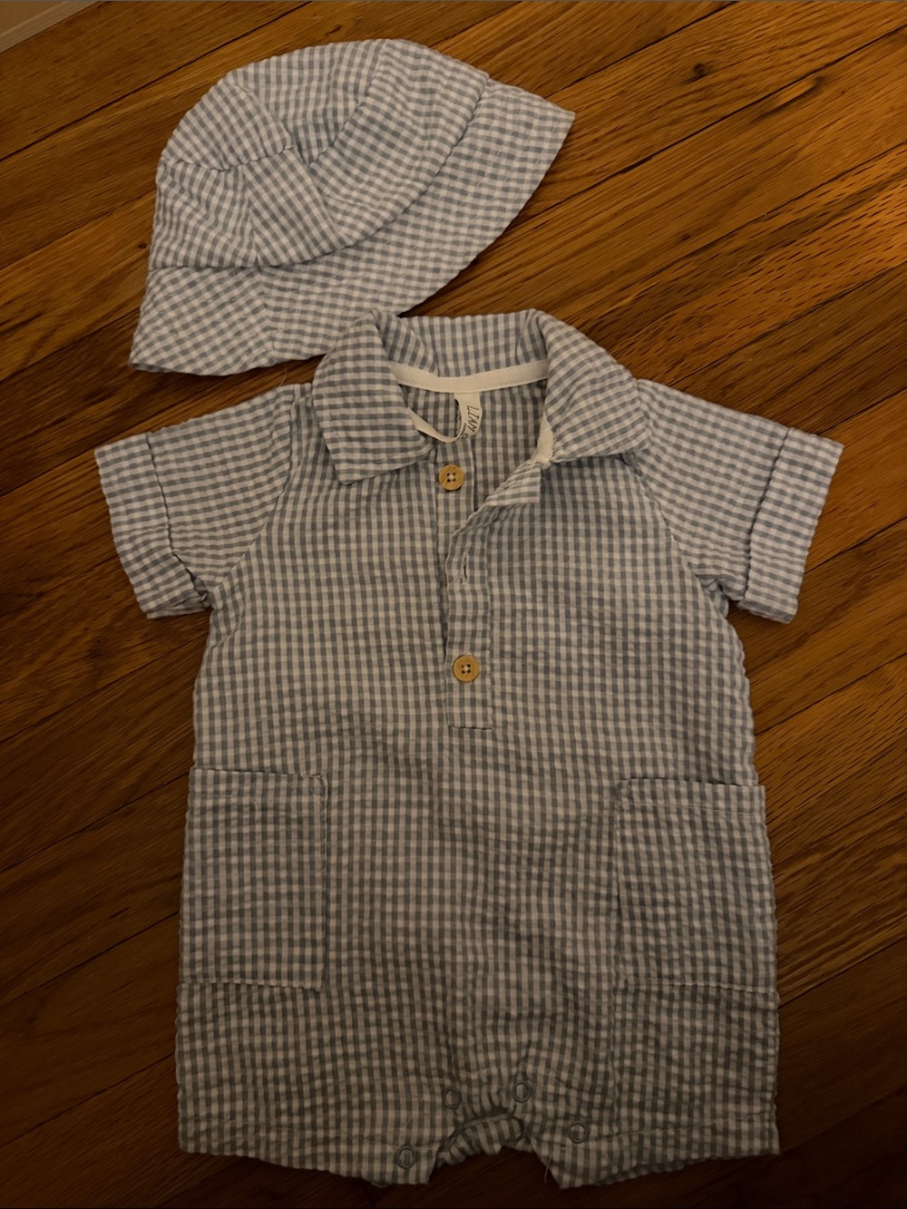 Light Blue Gingham Button-Front Baby Romper with Matching Hat